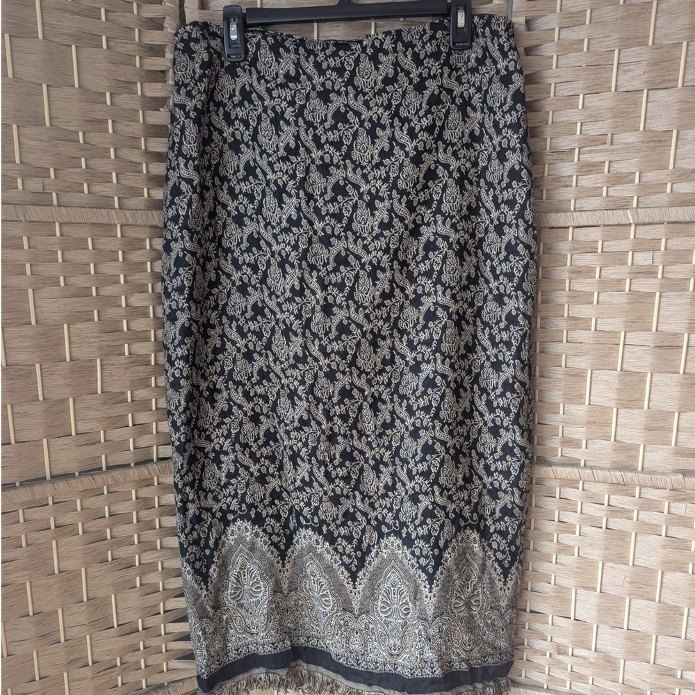 Vtg Black Gold Paisley Tapestry Midi Skirt‎ Fringe Sz 14 Whimsigoth Academia